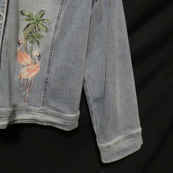 CHICO'S | size 3 | Button-Up Front Blue Denim Jacket | Flamingo Front and Back - Picture 10 of 16